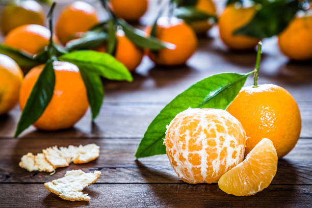 Close up shot of abundance peeled off orange slices