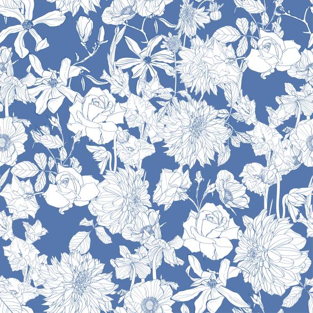istock Seamless pattern. Beautiful fabric blooming realistic line flowers. Vintage background. Dahlia, roses, Anemones, wildflowers. Blue backdrop. 1182502128