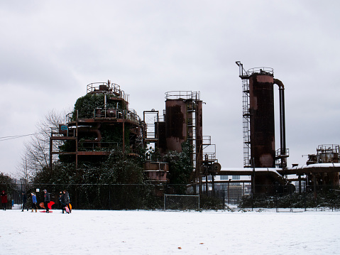 Seattle, Washington/USA - Feb 4, 2019: Gas Works Park Covered in Fresh Snow After Winter Storm