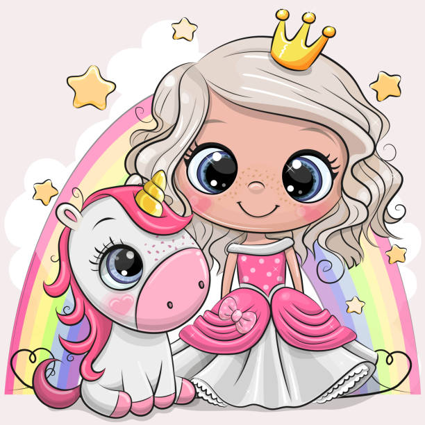 Cute Cartoon fairy tale Princess and Unicorn Greeting Card with Cute Cartoon fairy tale Princess and Unicorn little cute cartoon fantasy unicorn stock illustrations