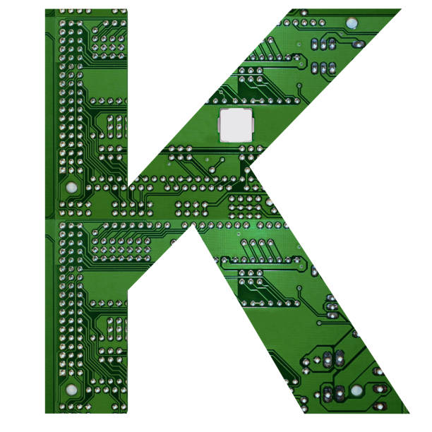 istock Letter K, Alphabet in circuit board style. Digital hi-tech letter isolated on white. 3d illustration 1182505193