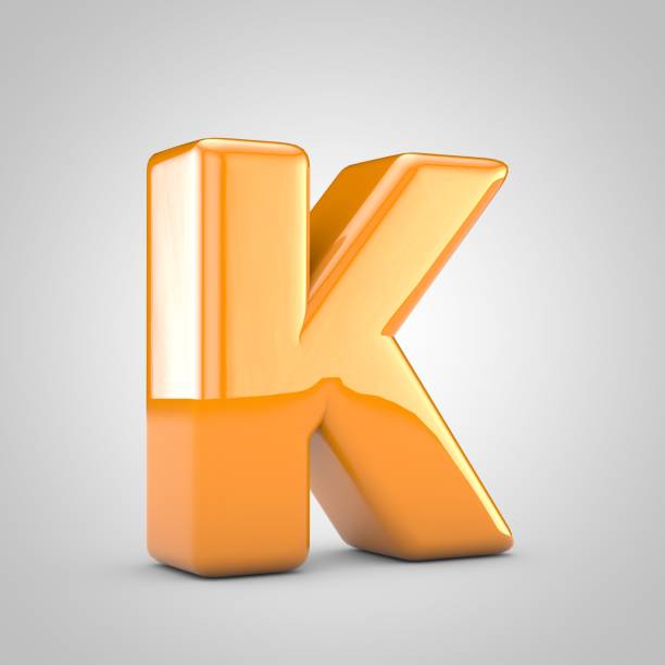 Orange 3d letter K uppercase isolated on white background. Shiny glossy font.