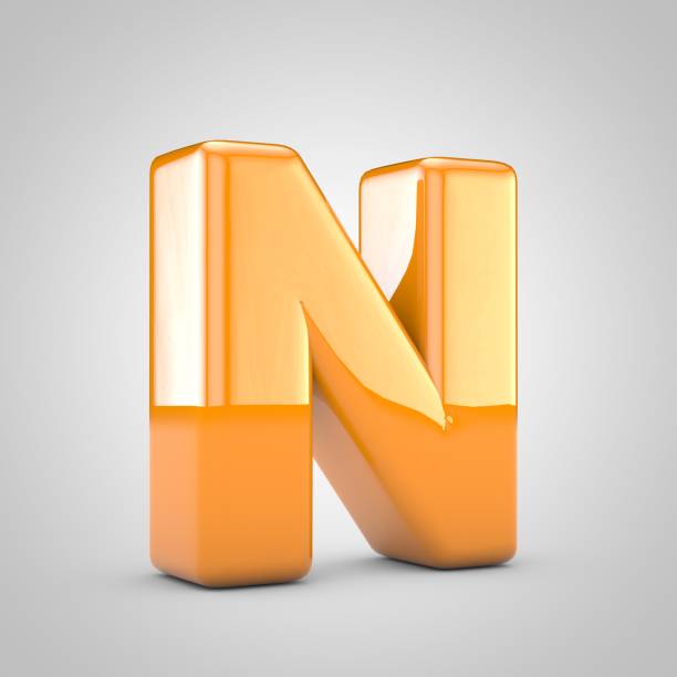 Orange 3d letter N uppercase isolated on white background. Shiny glossy font.