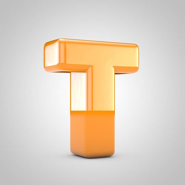 Orange 3d letter T uppercase isolated on white background. Shiny glossy font.