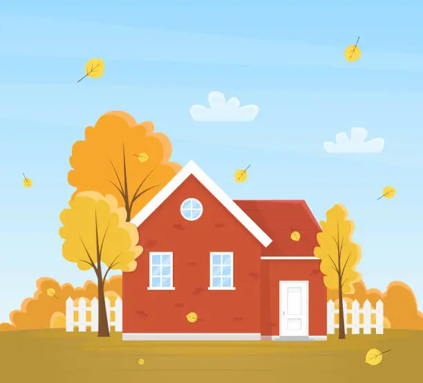 Vector illustration of Autumn landscape with country house, yellow trees with falling leaves.