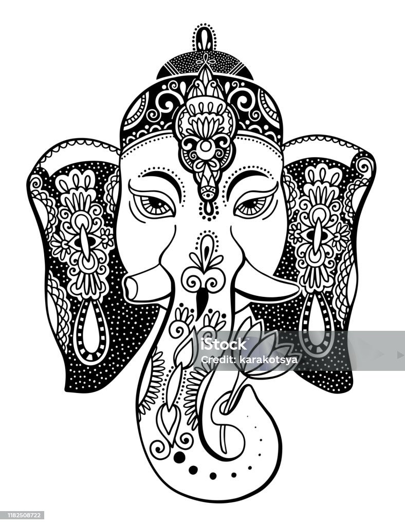 Lord Ganesha Đầu Với Hoa Sen Vẽ Tinh Thần Ấn Độ Động Vật Hình Xăm ...