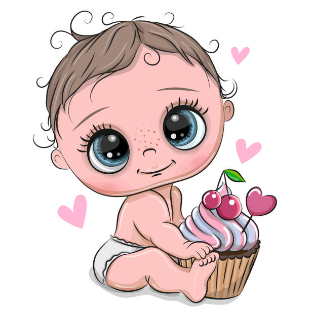 ilustrações, clipart, desenhos animados e ícones de bebê dos desenhos animados com queque em um fundo branco - child valentines day candy eating