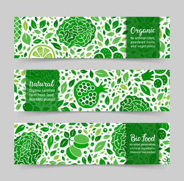 Vector illustration of Ecology green fruit, vegetable banner set.