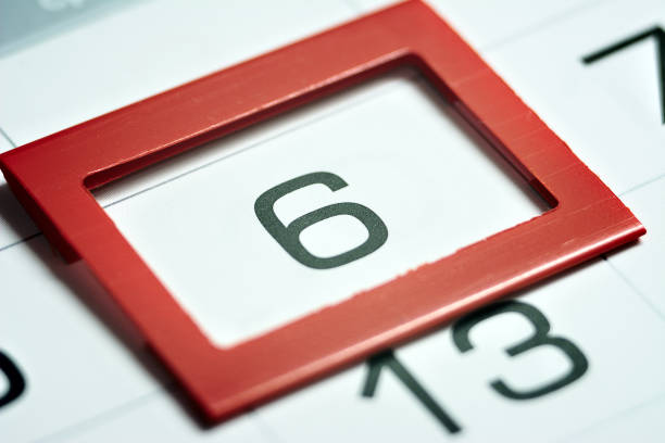the sixth day the sixth day of the month highlighted on the calendar with a red frame close-up macro, the mark on the calendar, the sixth date day 6 stock pictures, royalty-free photos & images
