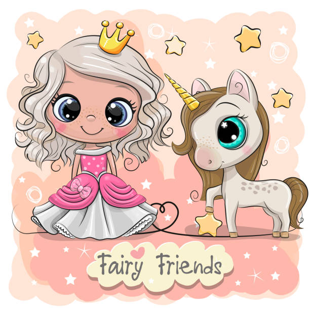 Cute Cartoon fairy tale Princess and Unicorn Greeting Card with Cute Cartoon fairy tale Princess and Unicorn little cute cartoon fantasy unicorn stock illustrations
