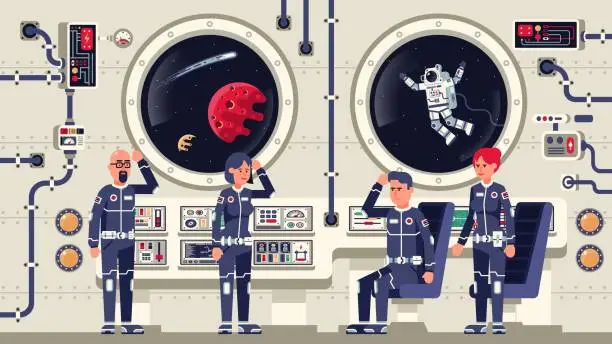 Vector illustration of Astronauts are men and women aboard a spacecraft