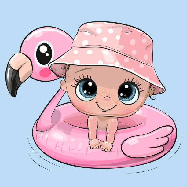 ilustrações, clipart, desenhos animados e ícones de natação do bebé dos desenhos animados no flamingo inflável do anel da associação - 5553