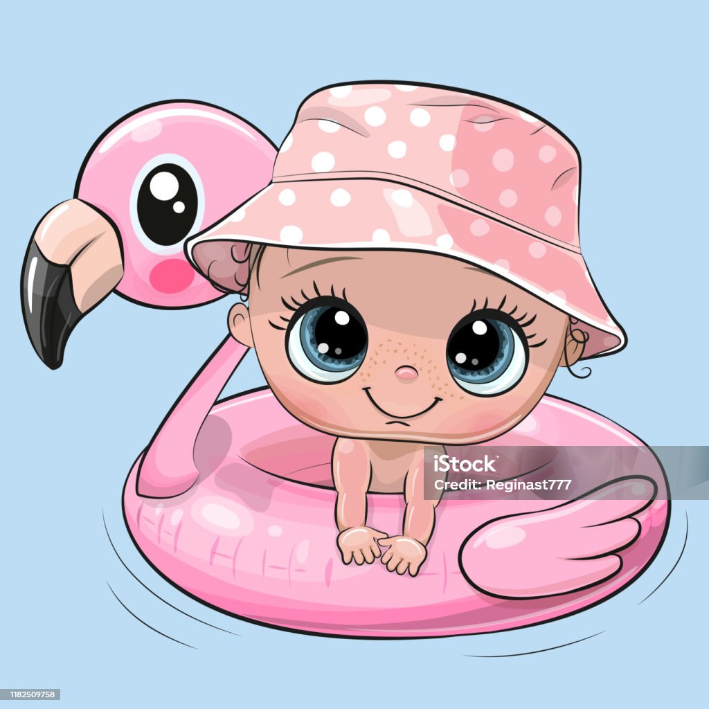 Cartoon Baby Girl Swimming On Pool Ring Inflatable Flamingo Stock  Illustration - Download Image Now - iStock