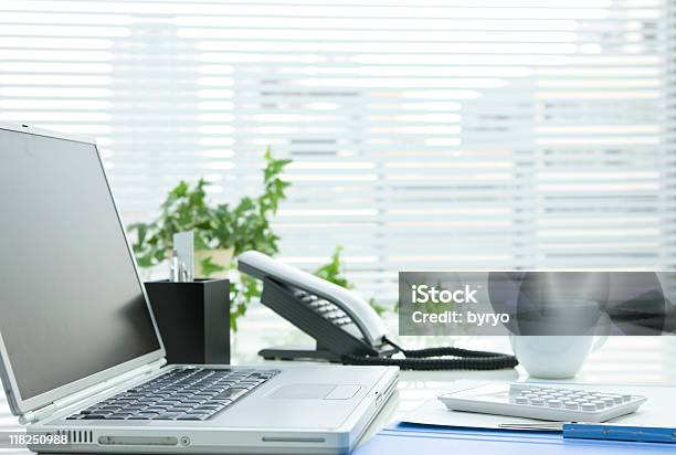 Office Desk Stock Photo - Download Image Now - Office, Telephone, Window Blinds