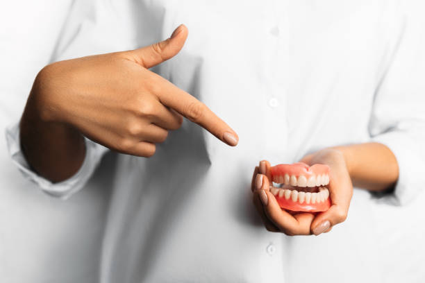 Denture in the hands of the dentist. The doctor is holding a denture. Dentistry is a Conceptual photo. Prosthetic dentistry. False teeth in the hands of a doctor. Denture close-up. stock photo
