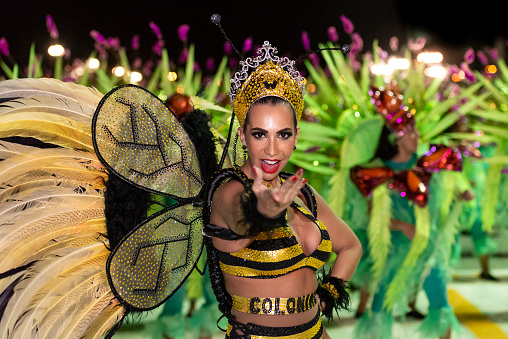 Florianópolis, Brazil - March 03, 2019: Colorful image of a samba school performer at the 2019 Carnaval Parade in Florianópolis, Santa Catarina State - Brazil