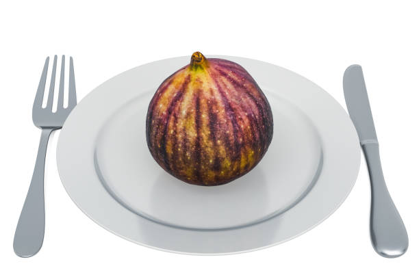 Common fig on plate with fork and knife, 3D rendering isolated on white background