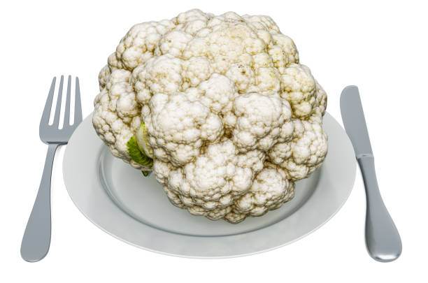 Fresh cauliflower on plate with fork and knife, 3D rendering isolated on white background