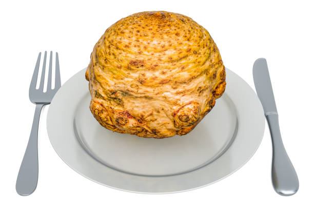 Fresh celery root on plate with fork and knife, 3D rendering isolated on white background