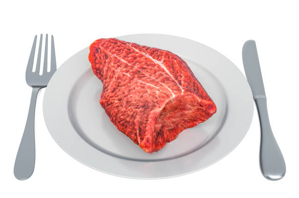 istock Raw beef on plate with fork and knife, 3D rendering isolated on white background 1182512655