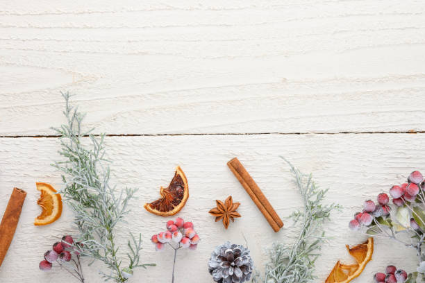 istock New Year composition or Christmas on a white wooden background 1182514691