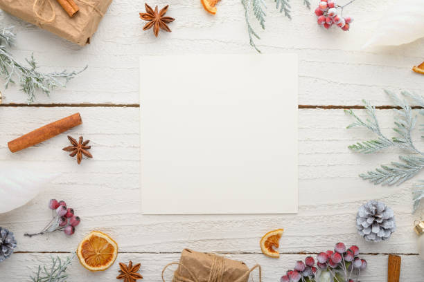 istock frame, Christmas, New Year. Background with composition, with empty postcard space for design. On a white wooden background. 1182515352