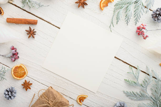 istock frame, Christmas, New Year. Background with composition, with empty postcard space for design. On a white wooden background. 1182515383