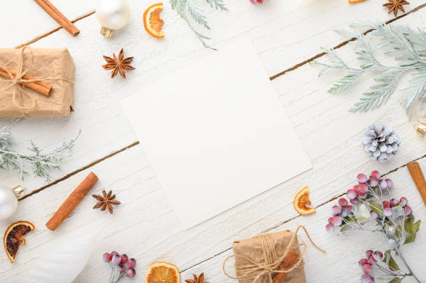 istock frame, Christmas, New Year. Background with composition, with empty postcard space for design. On a white wooden background. 1182515471