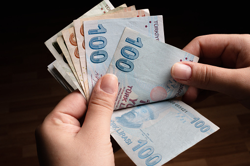 Mujer irreconocible contando billetes turcos photo