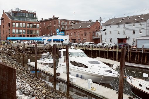 Portland, Maine - September 26th, 2019: Commercial fishing wharf in the Old Port Harbor district of Portland, Maine.