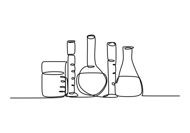 Continuous line art drawing chemical science flask. Scientific technology research medicine glass equipment design one sketch outline drawing vector illustration Continuous line art drawing chemical science flask. Scientific technology research medicine glass equipment design one sketch outline drawing vector illustration laboratory drawings stock illustrations