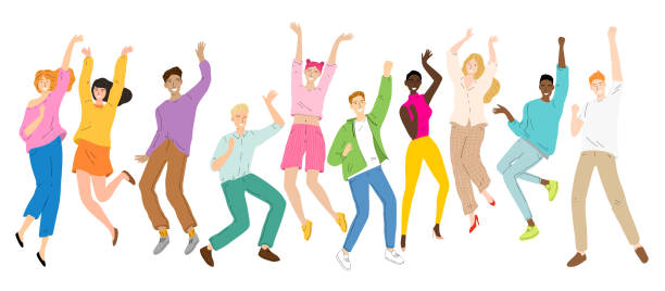grupa młodych szczęśliwych tańczących ludzi, tańczących postaci, mężczyzn i kobiet impreza taneczna, dyskoteka. - hand raised arms raised human hand group of people stock illustrations