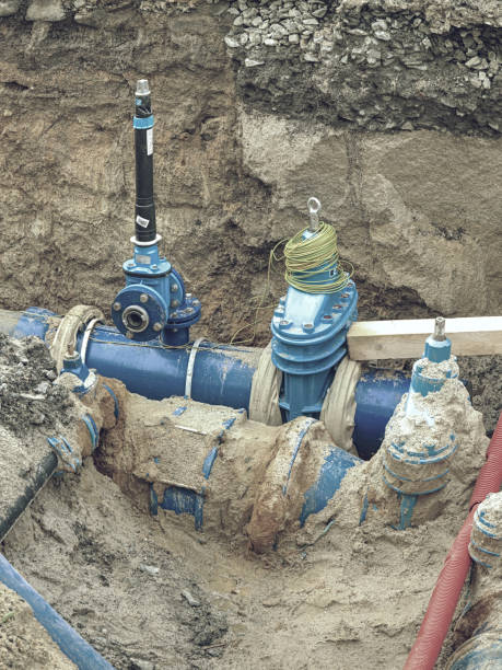 istock Valve and HDPE pipe welded underground. City water system. 1182519569