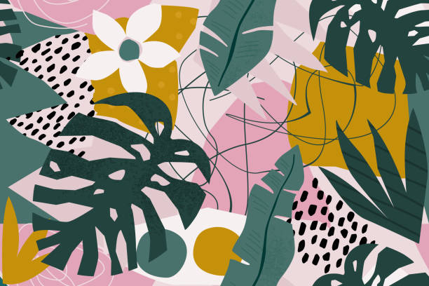 콜라주 컨템포러리 플로럴 이음새무늬. 벡터에 현대 이국적인 정글 과일과 식물 그림. - floral pattern flower abstract art stock illustrations