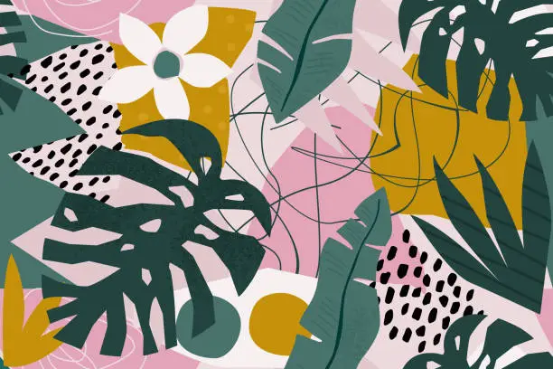 Vector illustration of Collage contemporary floral seamless pattern. Modern exotic jungle fruits and plants illustration in vector.