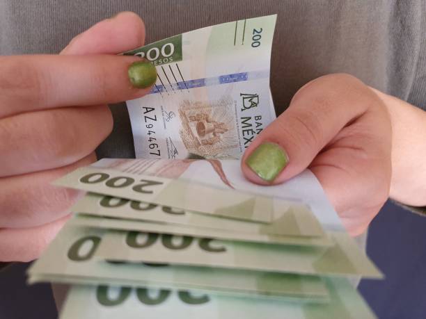 manos de una mujer contando dinero mexicano - mexican currency fotografías e imágenes de stock