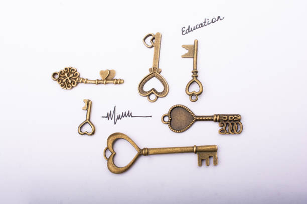 Education wording beside a retro style key on white background