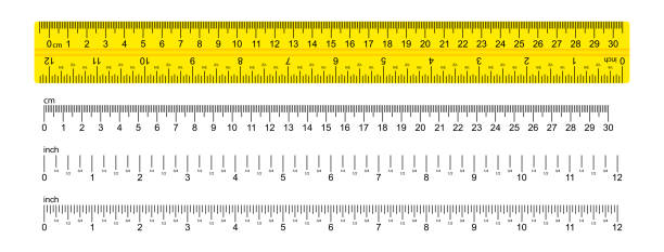 illustrazioni stock, clip art, cartoni animati e icone di tendenza di il righello è giallo, marcato in centimetri, pollici e forme rettangolari combinate. linea di pollice di laurea. grafica vettoriale - sistema metrico