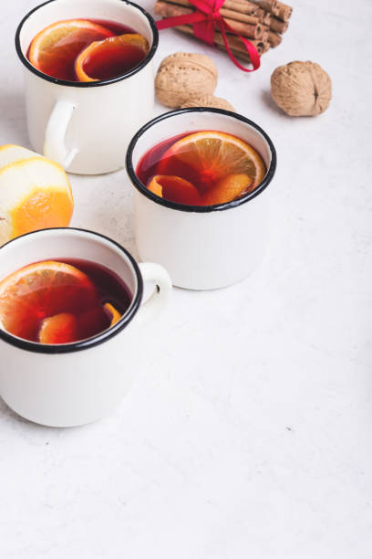 Hot drinks mulled wine, fresh orange fruits