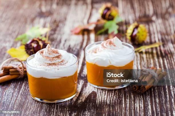 Autumn Dessert Pumpkin Mousse With Whipped Cream Stock Photo - Download Image Now - Mousse - Dessert, Pumpkin, Pumpkin Pie