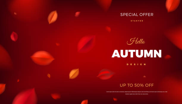 Autumn sale background, nature design elements with red leaves Hello Autumn sale banner background with red leaves, fall nature vector promotion design. Web or print layout template folliage stock illustrations