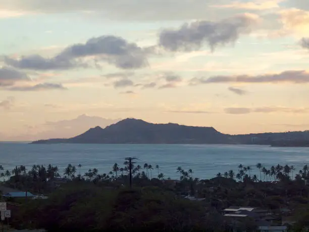 Aerial view of Diamondhead, Portlock, and Hawaii Kai on Oahu at Dusk.