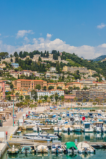 Menton France. 17 June 2019. A view of the port and the colourful buildings in Menton in France