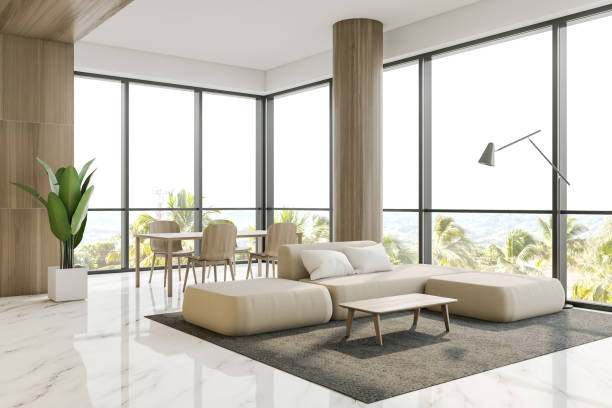 istock Panoramic wooden living room with dining table 1182532268