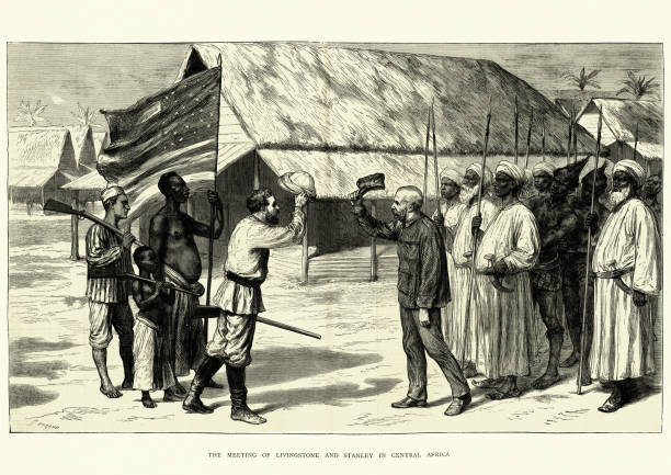 Vintage engraving of Dr. Livingstone, I presume. Meeting between David Livingstone and Henry Morton Stanley. 1870s, 19th Century