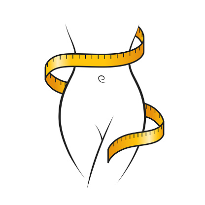 Yellow measure tape wraps around woman outline slim body icon