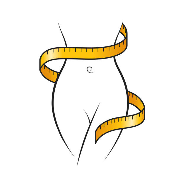 Yellow measure tape wraps around woman outline slim body icon Yellow measure tape wraps around woman outline slim body icon diets stock illustrations