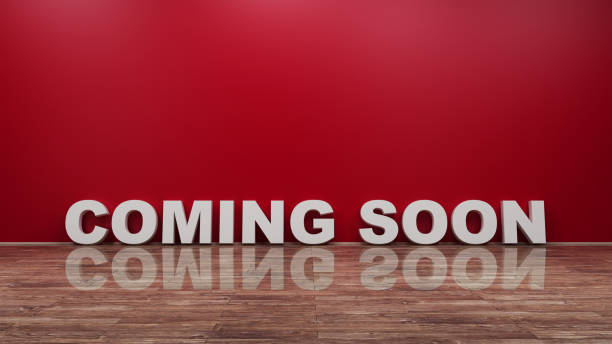 Coming Soon Text on Wooden Floor Against Wall 3d rendering stock photo