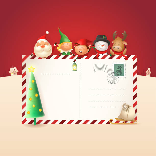 illustrazioni stock, clip art, cartoni animati e icone di tendenza di amici di natale su lettera per babbo natale - modello con babbo natale, elfi ragazza e ragazzo, pupazzo di neve e renna - illustrazione vettoriale sulla scena invernale di notte - blackboard christmas retro revival old fashioned