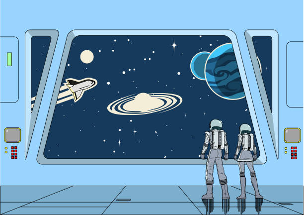 Vector Retro Space Astronauts Couple Inside a Spaceship Looking at Outer Space A retro cartoon style vector illustration of a couple of astronauts inside a spaceship while looking at the outer space with galaxy, stars, and planets. Wide space available for your copy. cartoon robot images stock illustrations